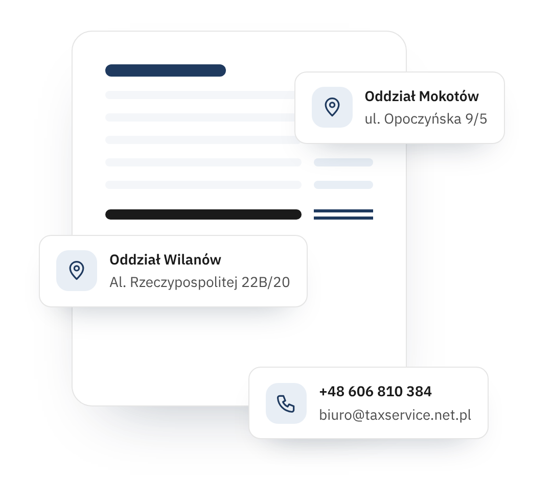 Ilustracja: oddziały Mokotów (ul. Opoczyńska 9/5) i Wilanów (Al. Rzeczypospolitej 22B/20), telefon i e-mail