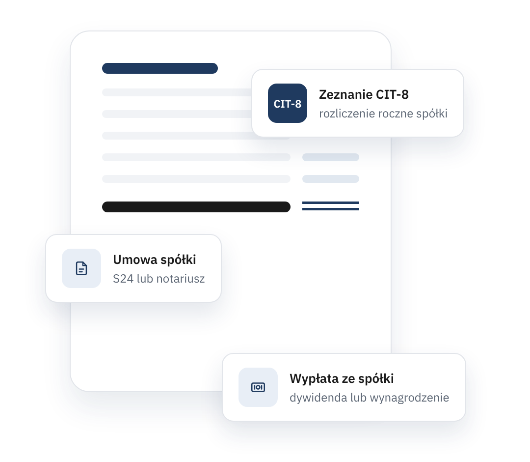 Ilustracja: dokument spółki z kartami Zeznanie CIT-8, Umowa spółki i Wypłata ze spółki